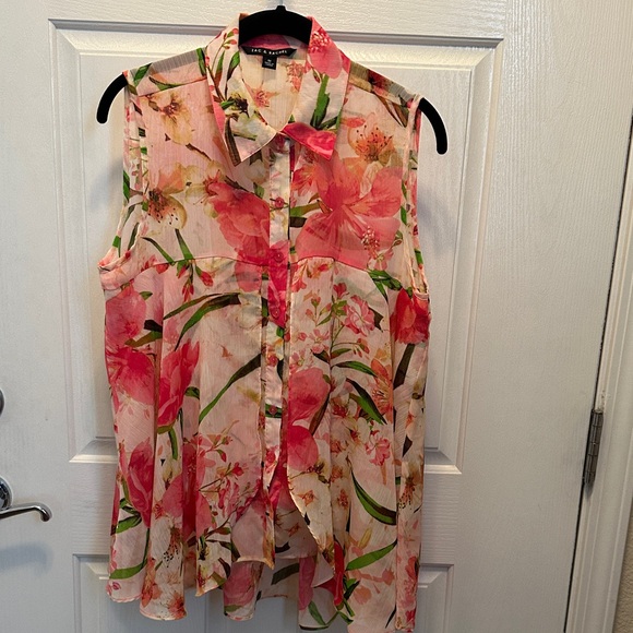 Zac & Rachel Tops - Zac & Rachel Floral Button-Up Blouse - Pink and Green Tropical Floral Size M